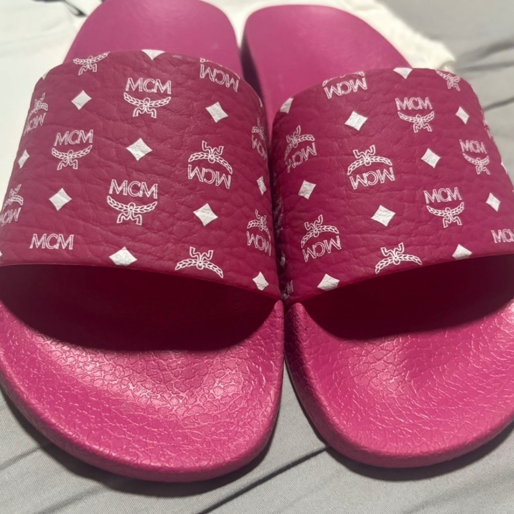 MCM Pink Logo Slide Sandals